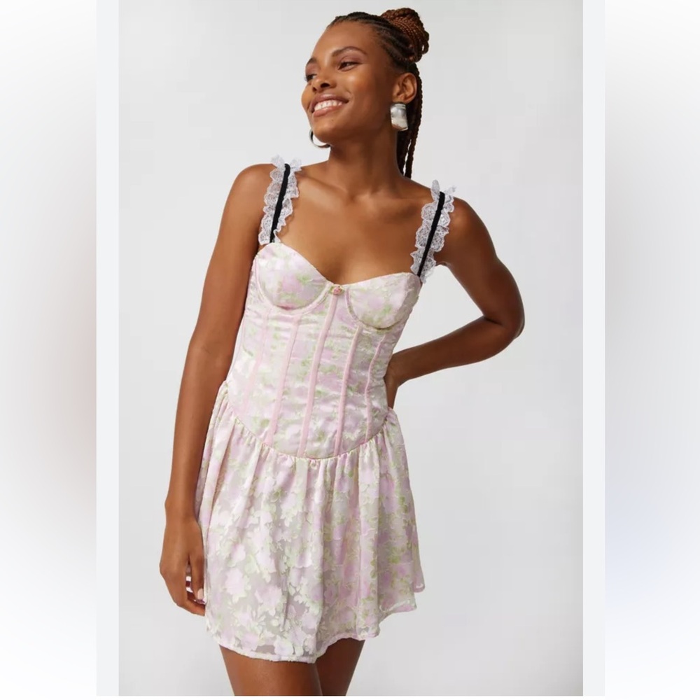 For Love & Lemons Pink and Cream Floral Mini Dress